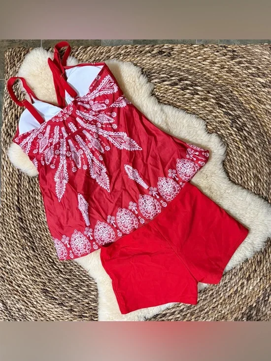 Red Printed Women's Sleep Tankini Set - Picture 2 of 2
